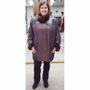 Metallic Taffeta Silk Raincoat with Rex Rabbit Fur